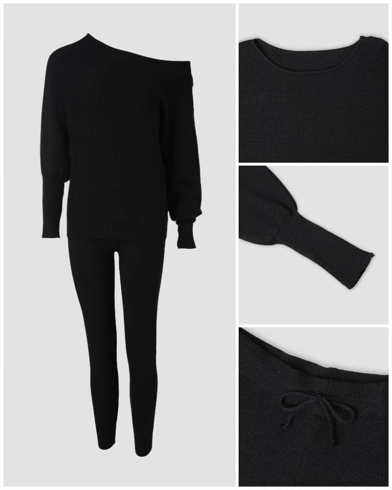 CHICME 2 Piece Lounge Outfit Long Sleeve Knit Pullover Tops Drawstring Pants Set Tracksuit Sweatsuit