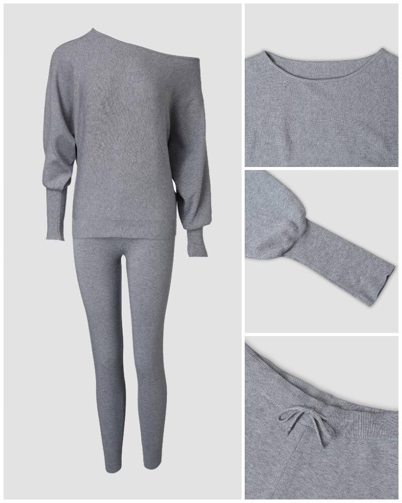 CHICME 2 Piece Lounge Outfit Long Sleeve Knit Pullover Tops Drawstring Pants Set Tracksuit Sweatsuit