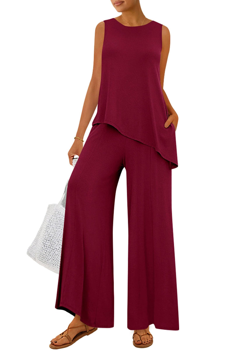 PRETTYGARDEN Women's 2026 Two Piece Matching Lounge Sets Asymmetrical Split Tank Tops Wide Leg Pants Summer Outfits Tracksuit