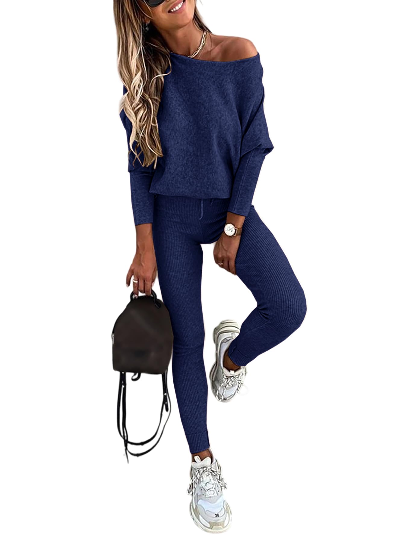 CHICME 2 Piece Lounge Outfit Long Sleeve Knit Pullover Tops Drawstring Pants Set Tracksuit Sweatsuit