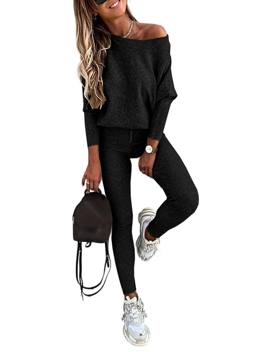 CHICME 2 Piece Lounge Outfit Long Sleeve Knit Pullover Tops Drawstring Pants Set Tracksuit Sweatsuit