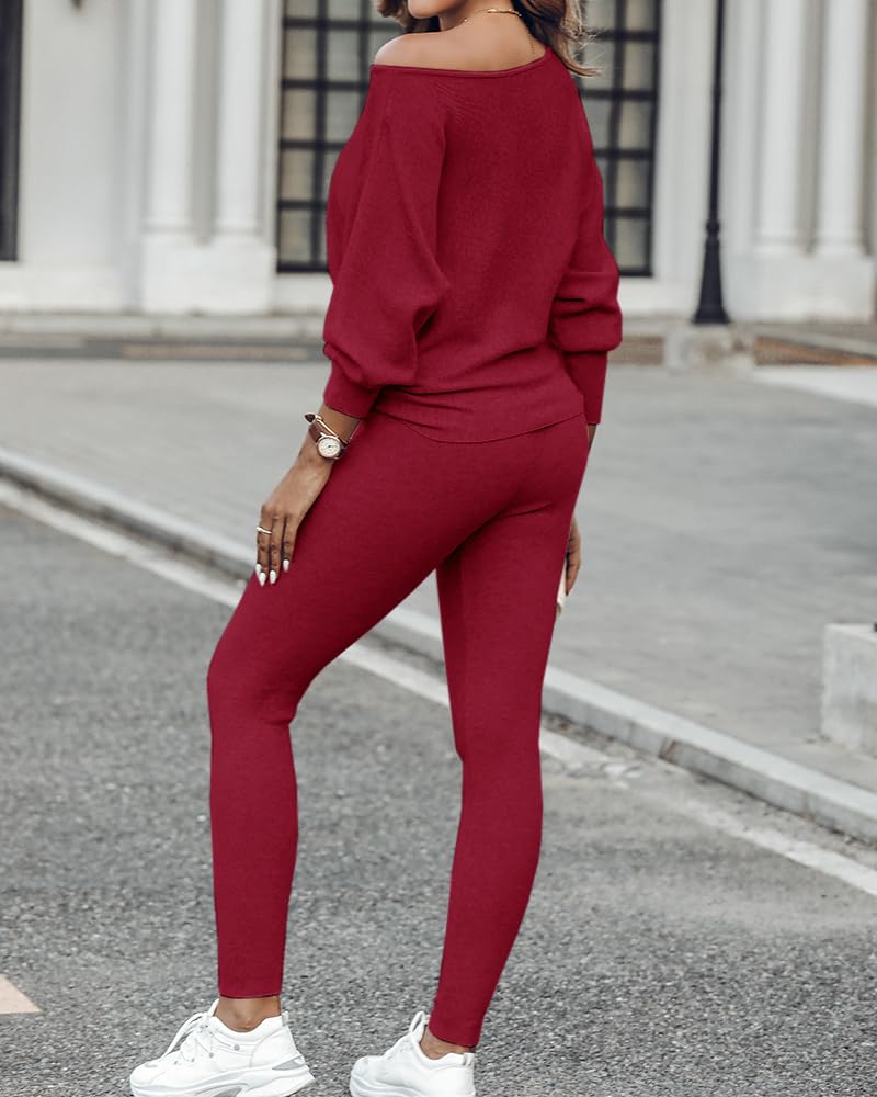 CHICME 2 Piece Lounge Outfit Long Sleeve Knit Pullover Tops Drawstring Pants Set Tracksuit Sweatsuit
