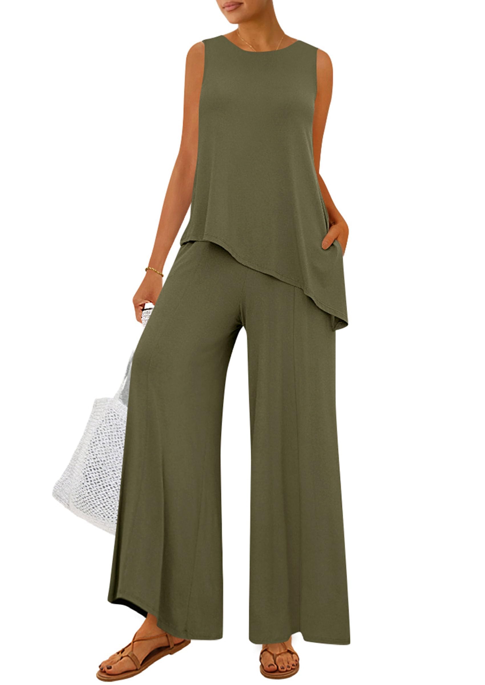 PRETTYGARDEN Women's 2026 Two Piece Matching Lounge Sets Asymmetrical Split Tank Tops Wide Leg Pants Summer Outfits Tracksuit