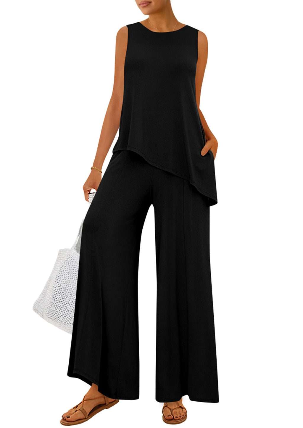 PRETTYGARDEN Women's 2026 Two Piece Matching Lounge Sets Asymmetrical Split Tank Tops Wide Leg Pants Summer Outfits Tracksuit