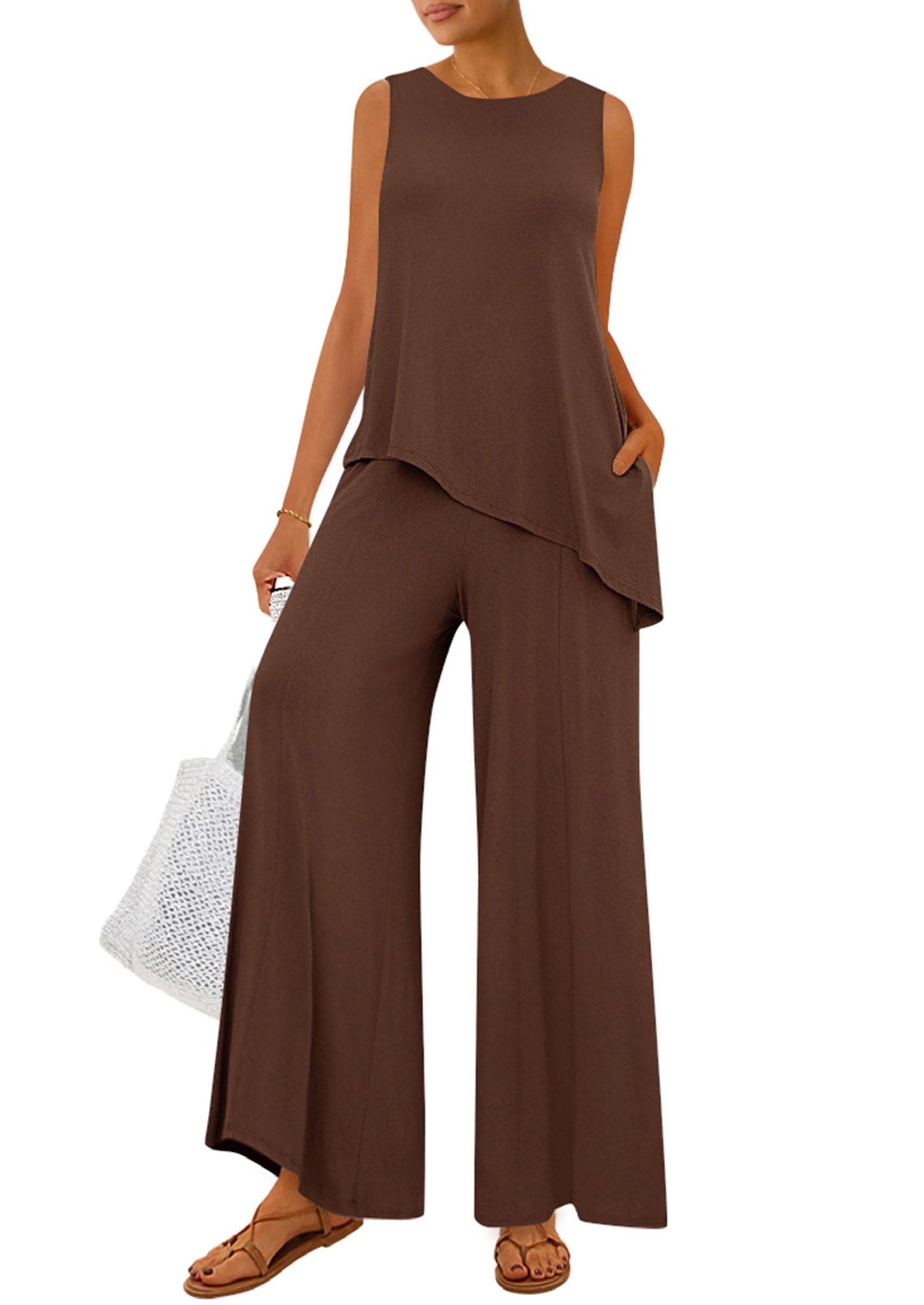 PRETTYGARDEN Women's 2026 Two Piece Matching Lounge Sets Asymmetrical Split Tank Tops Wide Leg Pants Summer Outfits Tracksuit