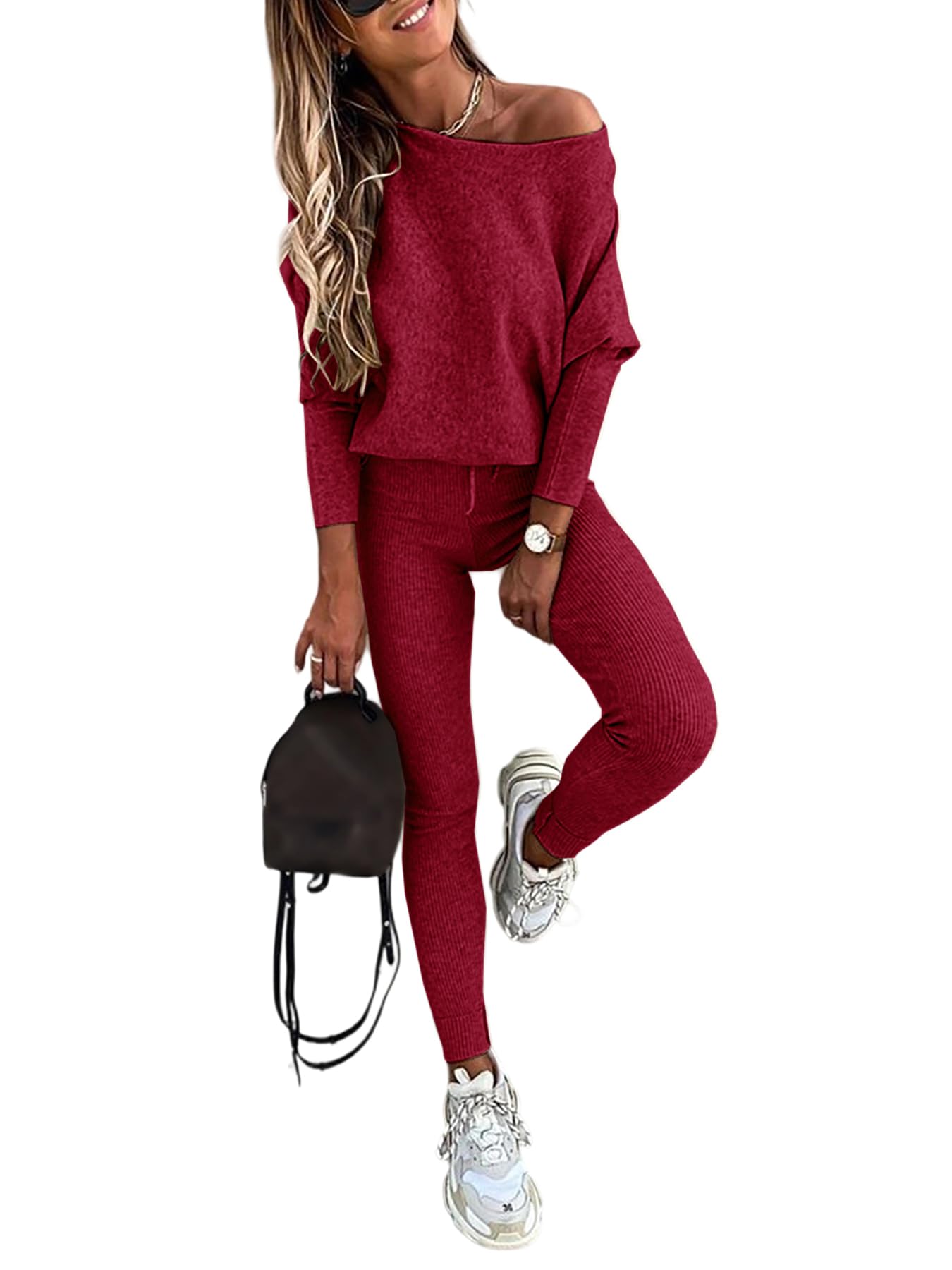 CHICME 2 Piece Lounge Outfit Long Sleeve Knit Pullover Tops Drawstring Pants Set Tracksuit Sweatsuit