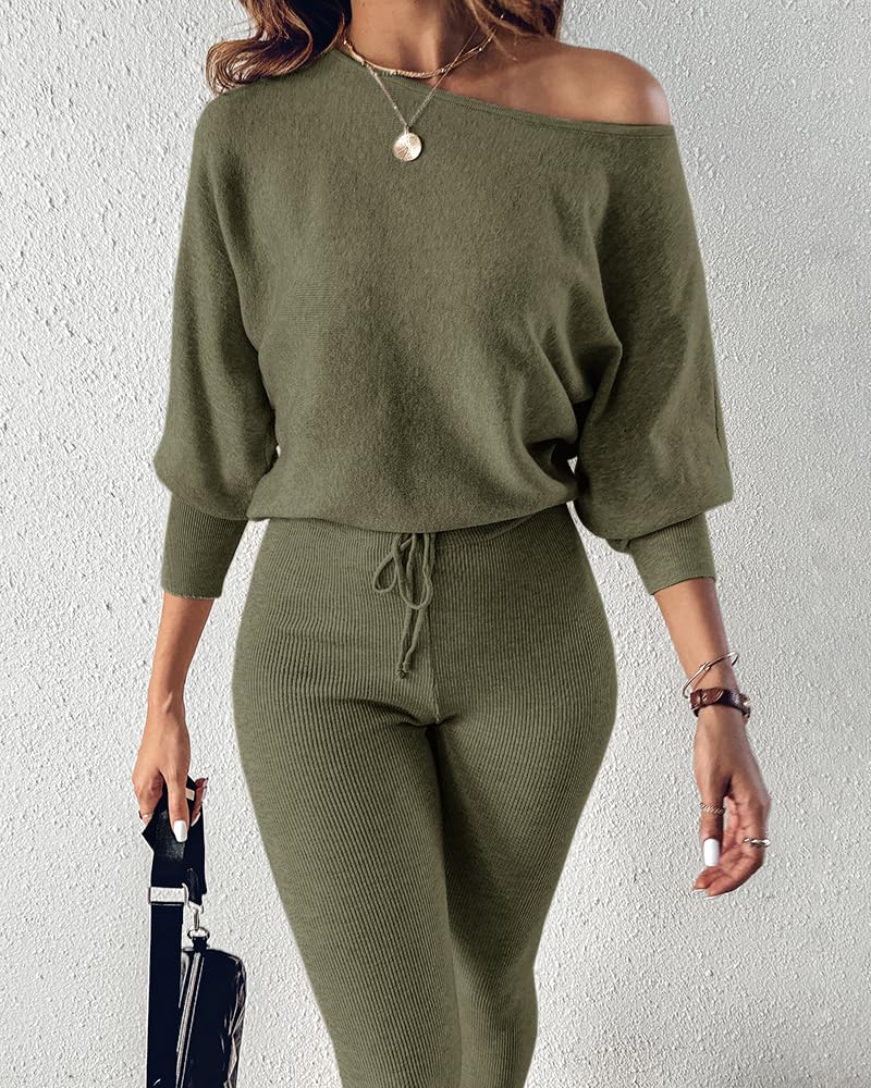 CHICME 2 Piece Lounge Outfit Long Sleeve Knit Pullover Tops Drawstring Pants Set Tracksuit Sweatsuit