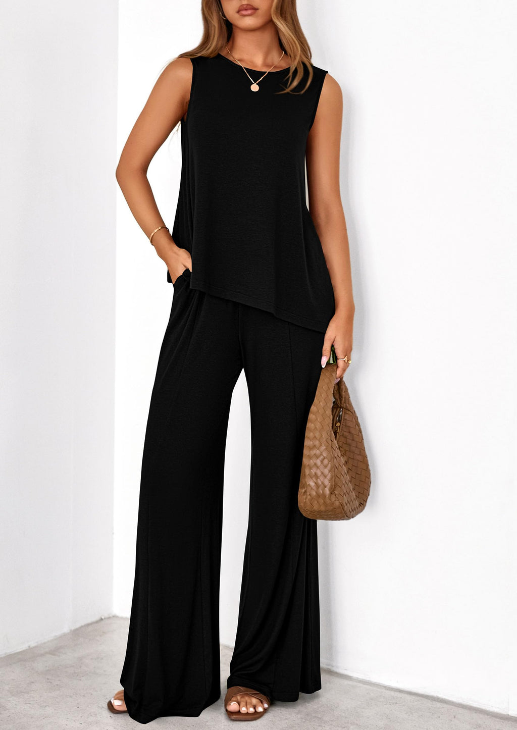 PRETTYGARDEN Women's 2026 Two Piece Matching Lounge Sets Asymmetrical Split Tank Tops Wide Leg Pants Summer Outfits Tracksuit