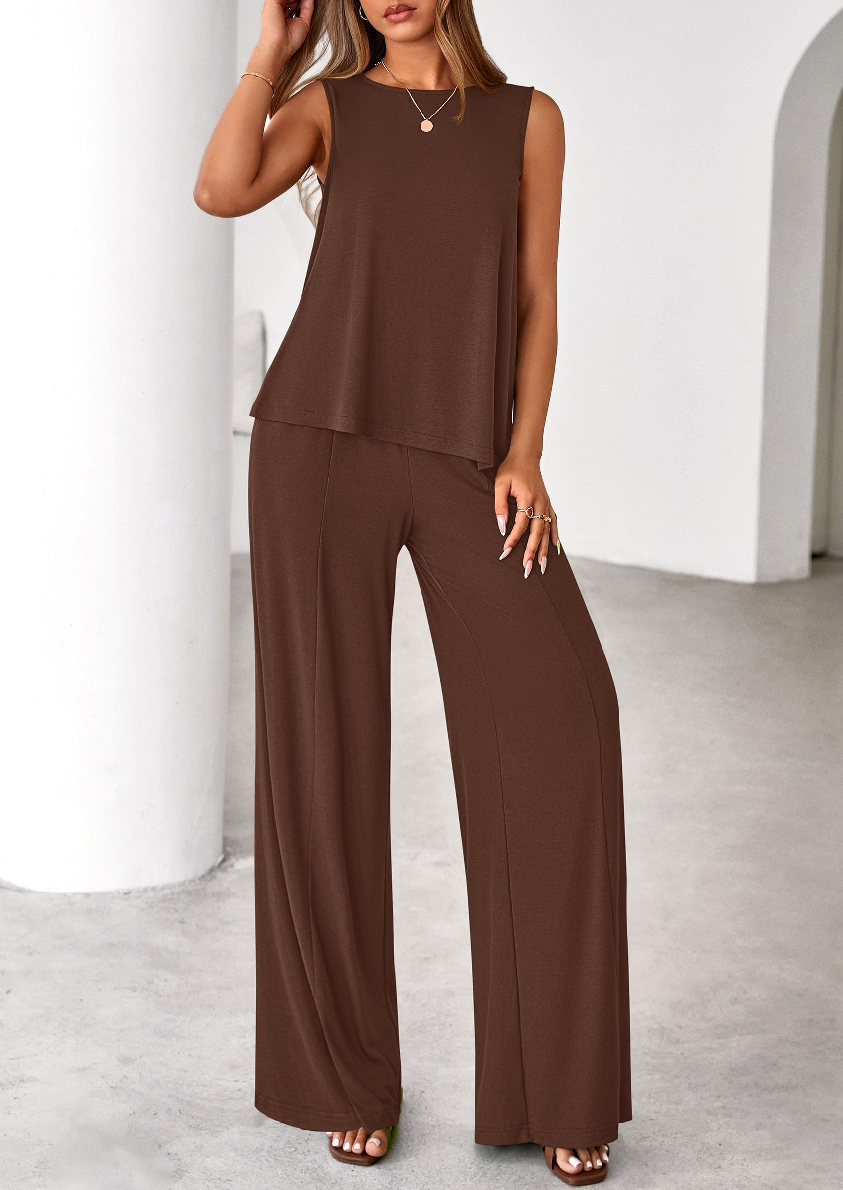 PRETTYGARDEN Women's 2026 Two Piece Matching Lounge Sets Asymmetrical Split Tank Tops Wide Leg Pants Summer Outfits Tracksuit