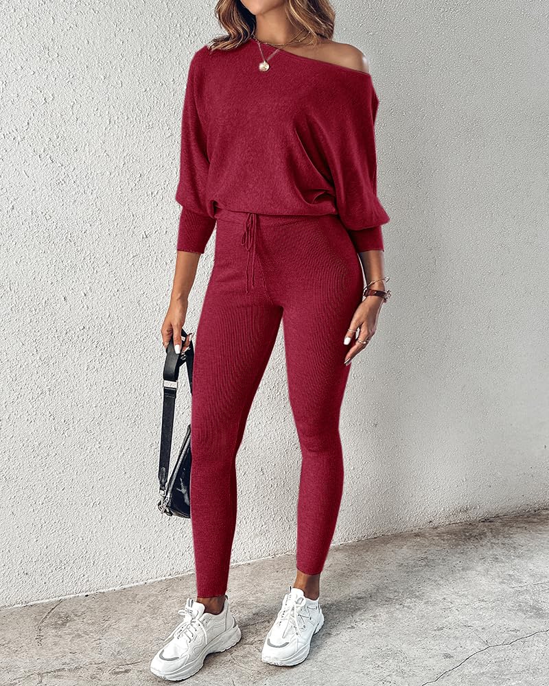 CHICME 2 Piece Lounge Outfit Long Sleeve Knit Pullover Tops Drawstring Pants Set Tracksuit Sweatsuit
