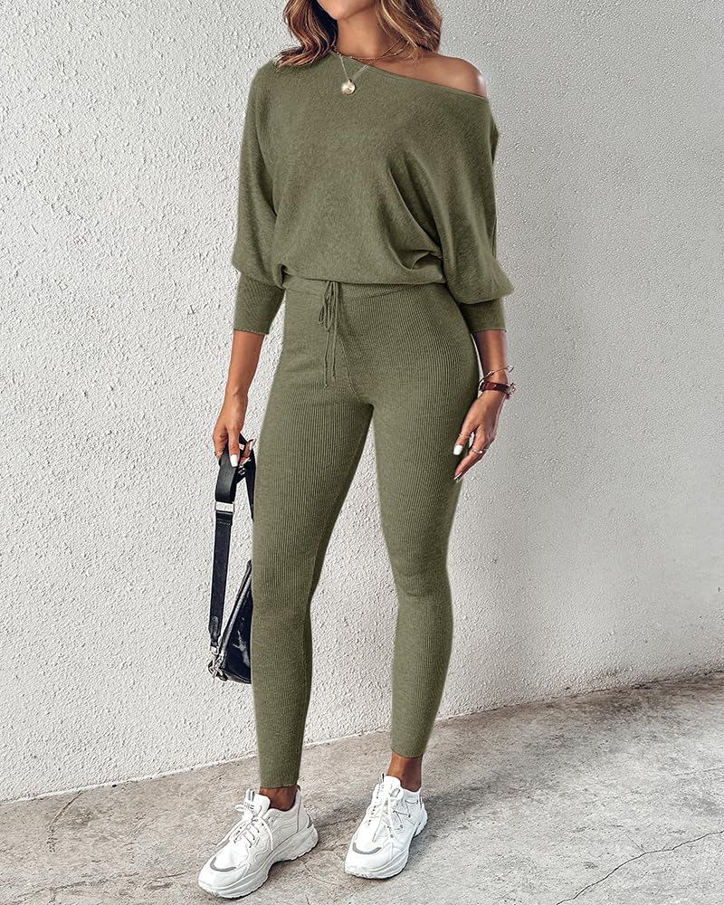CHICME 2 Piece Lounge Outfit Long Sleeve Knit Pullover Tops Drawstring Pants Set Tracksuit Sweatsuit