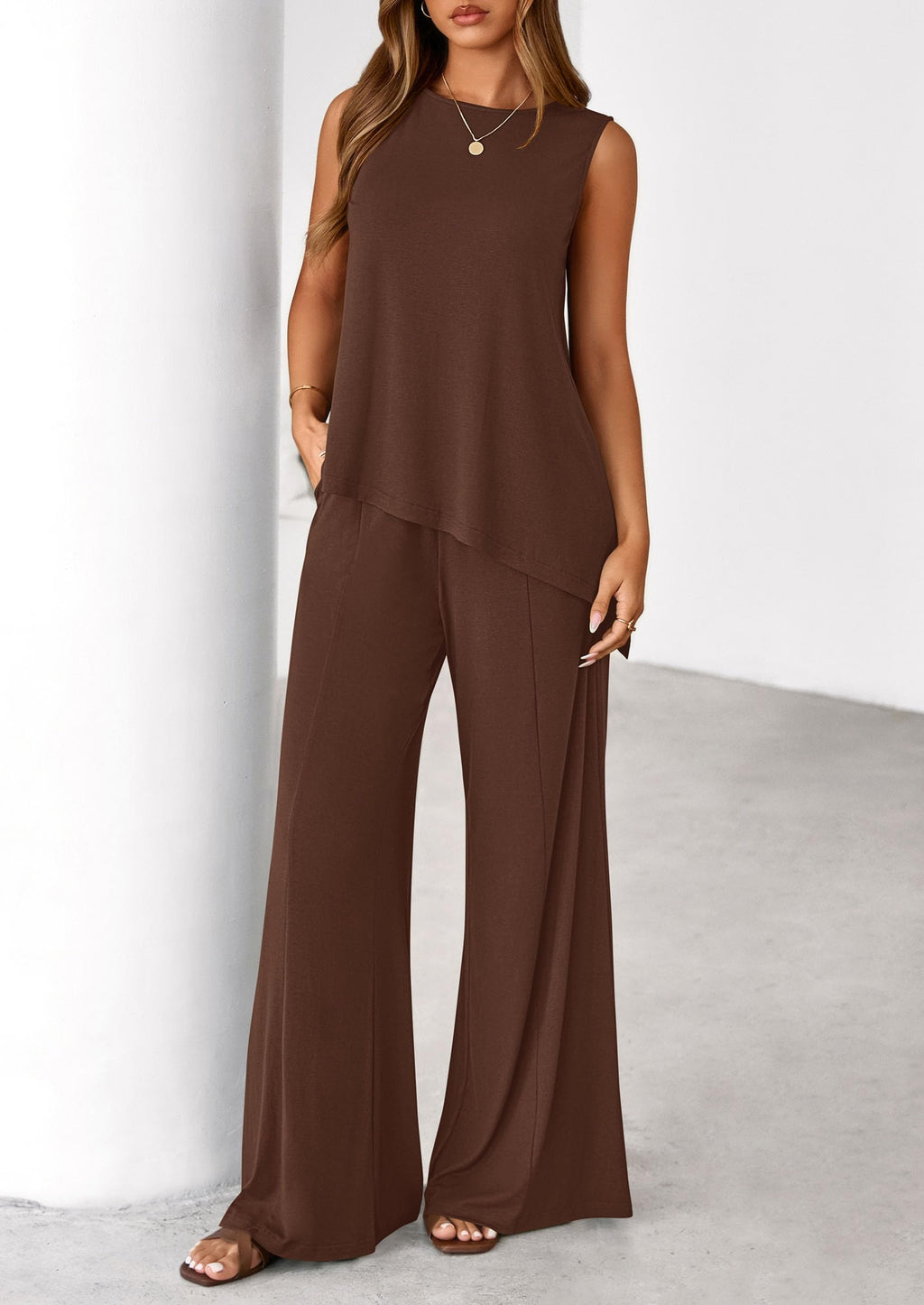 PRETTYGARDEN Women's 2026 Two Piece Matching Lounge Sets Asymmetrical Split Tank Tops Wide Leg Pants Summer Outfits Tracksuit