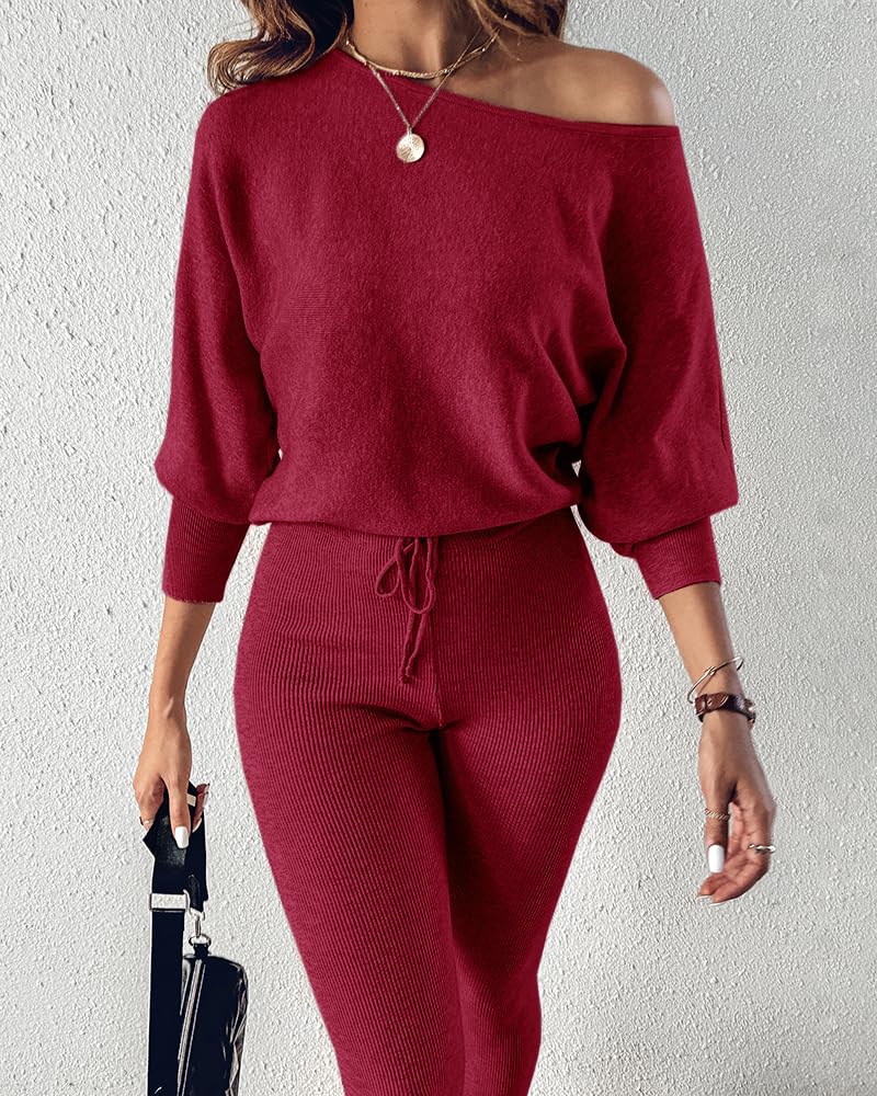 CHICME 2 Piece Lounge Outfit Long Sleeve Knit Pullover Tops Drawstring Pants Set Tracksuit Sweatsuit