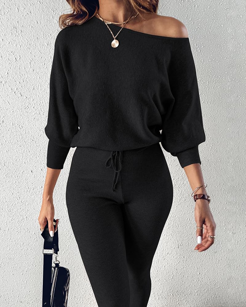 CHICME 2 Piece Lounge Outfit Long Sleeve Knit Pullover Tops Drawstring Pants Set Tracksuit Sweatsuit