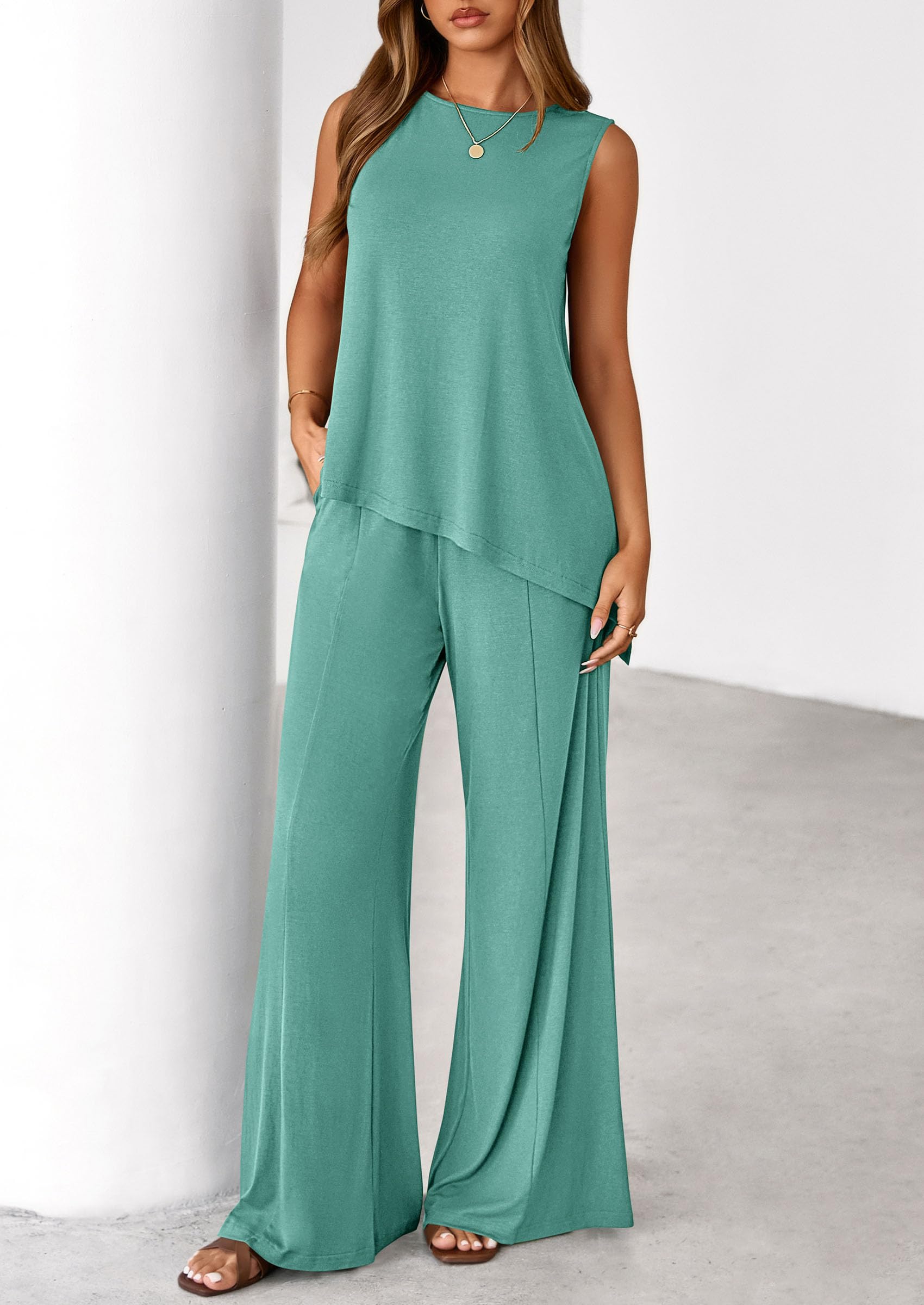 PRETTYGARDEN Women's 2026 Two Piece Matching Lounge Sets Asymmetrical Split Tank Tops Wide Leg Pants Summer Outfits Tracksuit