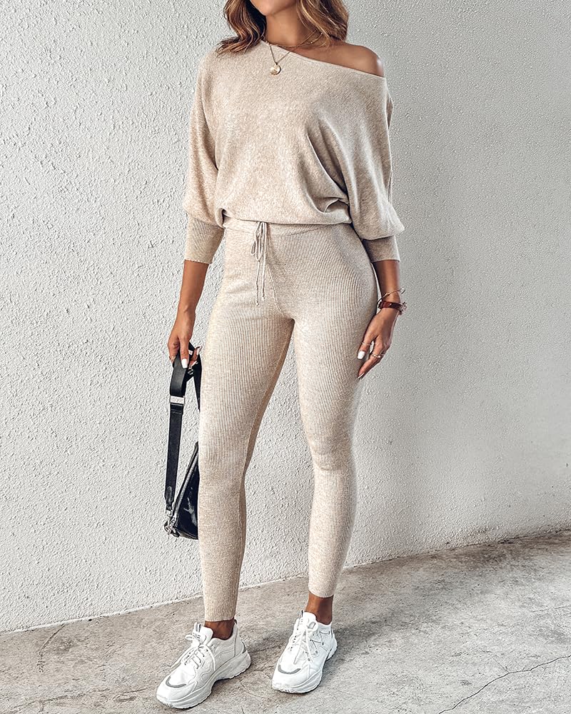 CHICME 2 Piece Lounge Outfit Long Sleeve Knit Pullover Tops Drawstring Pants Set Tracksuit Sweatsuit