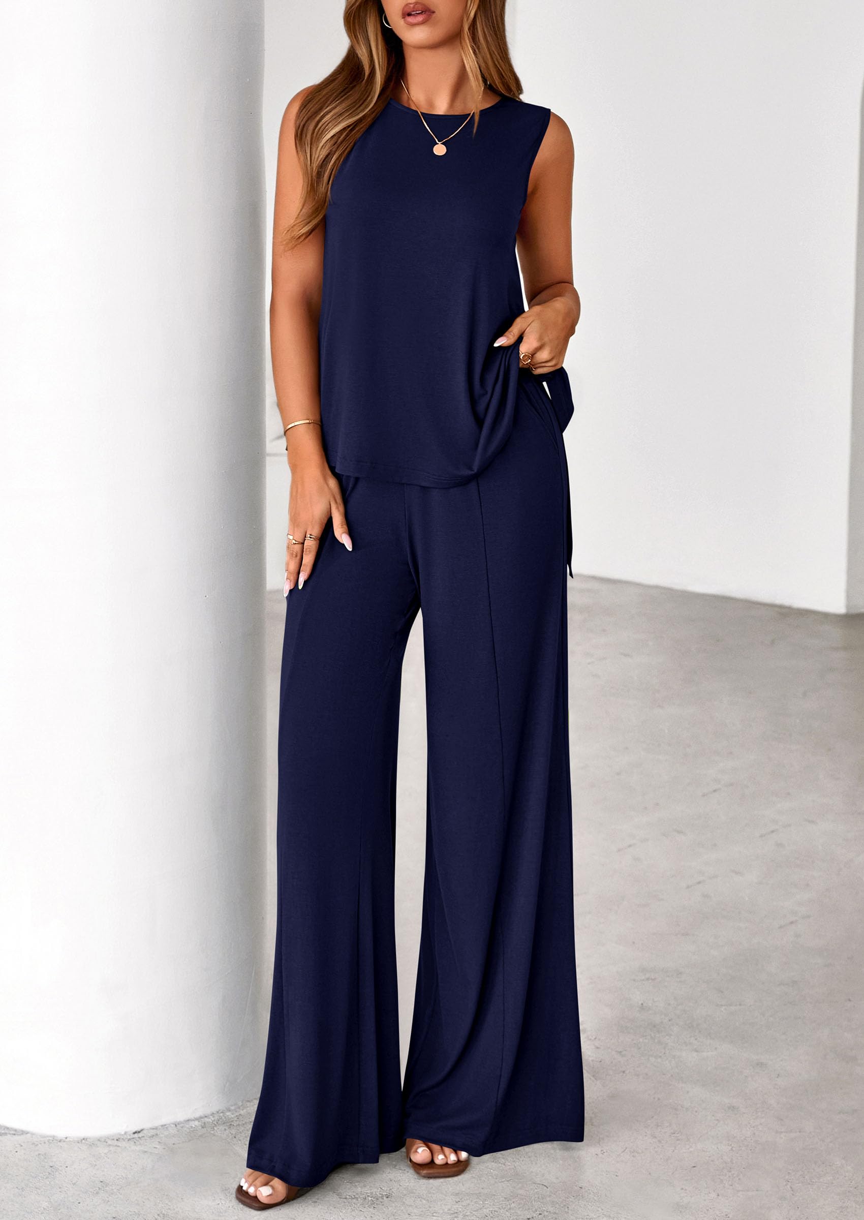 PRETTYGARDEN Women's 2026 Two Piece Matching Lounge Sets Asymmetrical Split Tank Tops Wide Leg Pants Summer Outfits Tracksuit