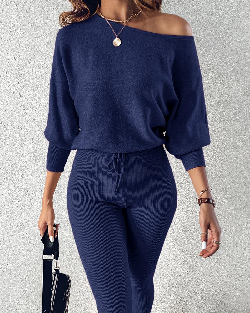 CHICME 2 Piece Lounge Outfit Long Sleeve Knit Pullover Tops Drawstring Pants Set Tracksuit Sweatsuit