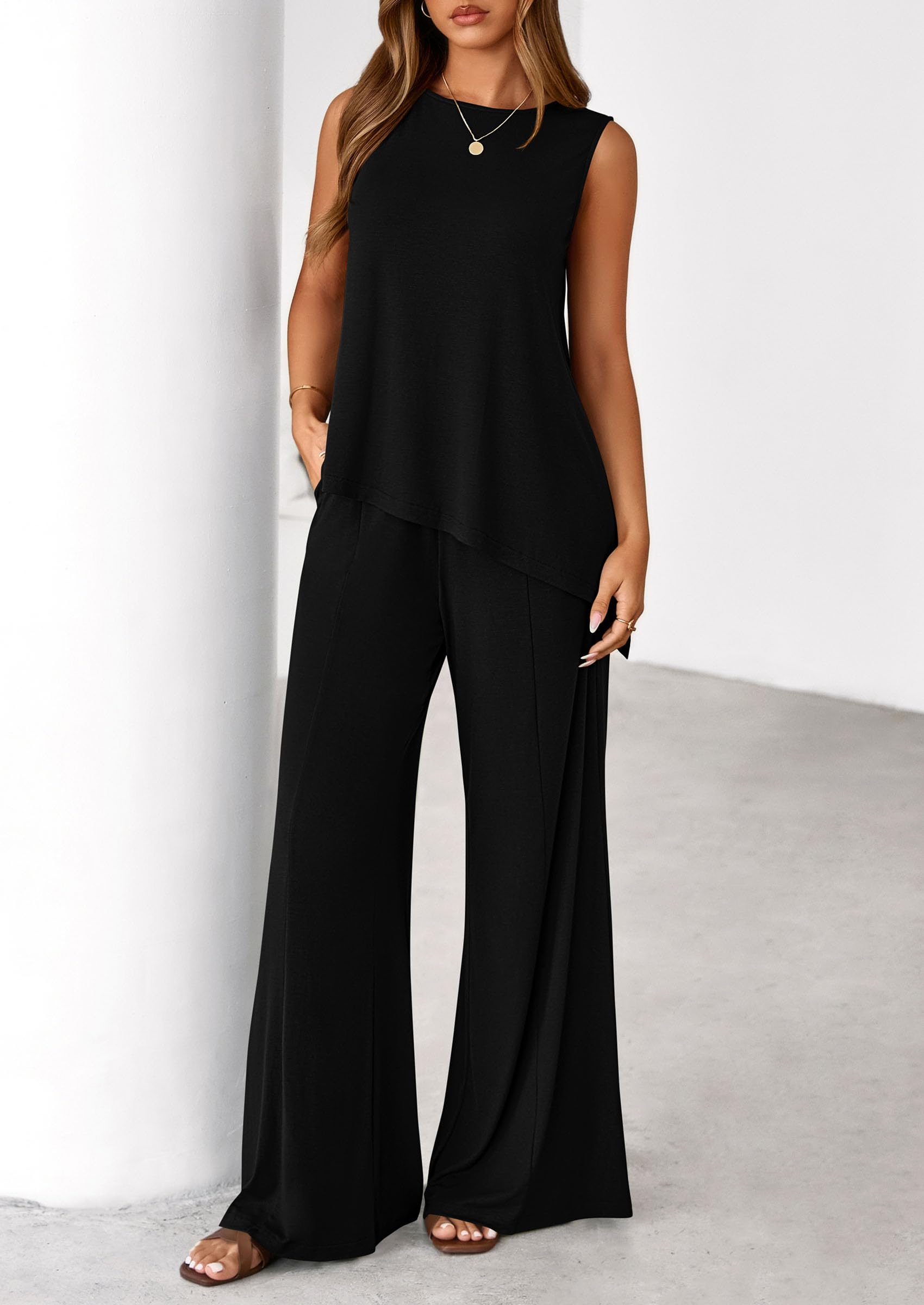 PRETTYGARDEN Women's 2026 Two Piece Matching Lounge Sets Asymmetrical Split Tank Tops Wide Leg Pants Summer Outfits Tracksuit