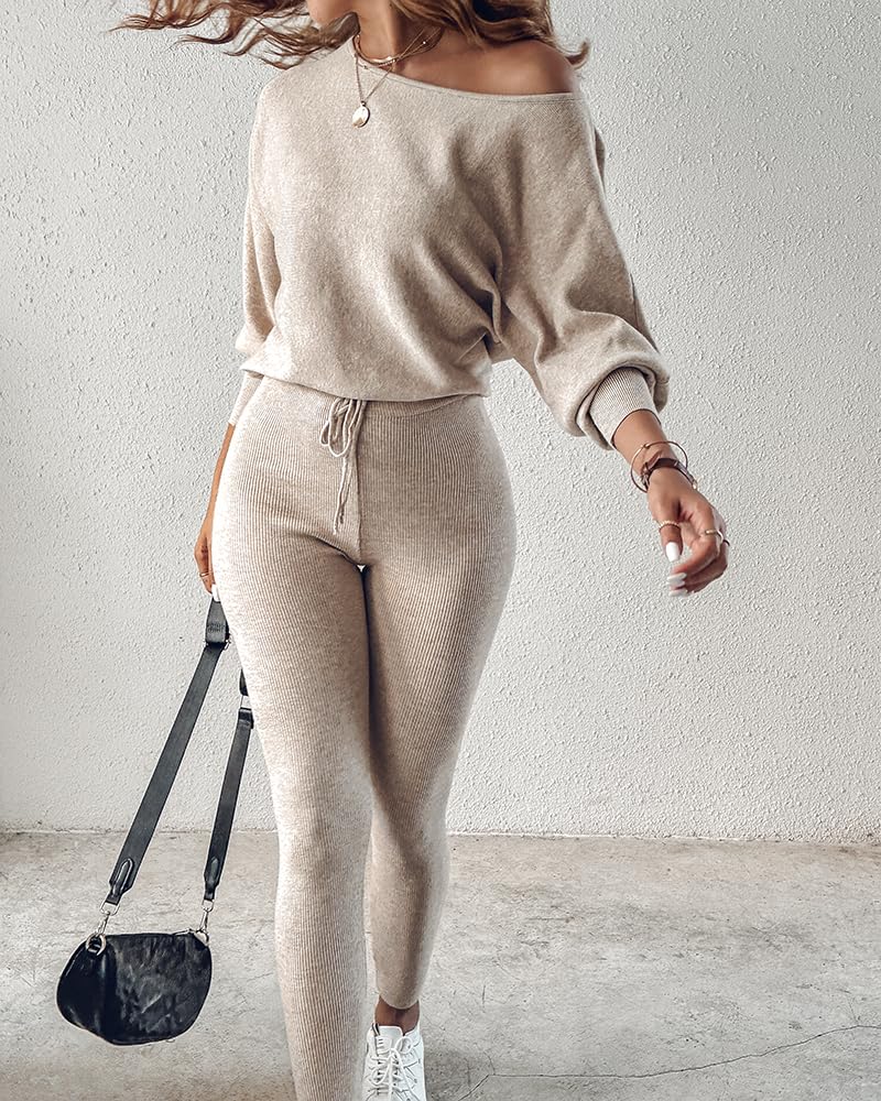 CHICME 2 Piece Lounge Outfit Long Sleeve Knit Pullover Tops Drawstring Pants Set Tracksuit Sweatsuit