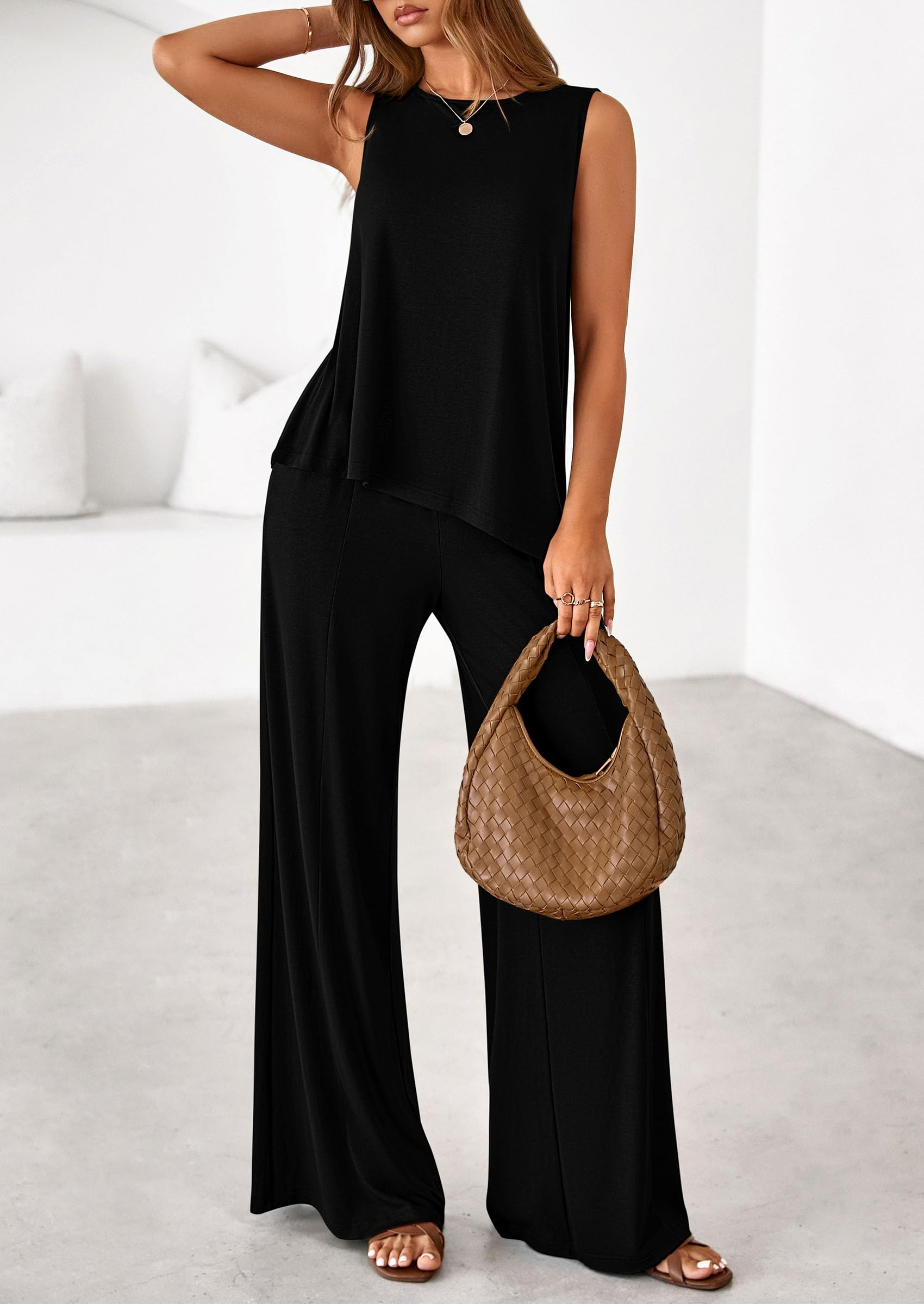PRETTYGARDEN Women's 2026 Two Piece Matching Lounge Sets Asymmetrical Split Tank Tops Wide Leg Pants Summer Outfits Tracksuit