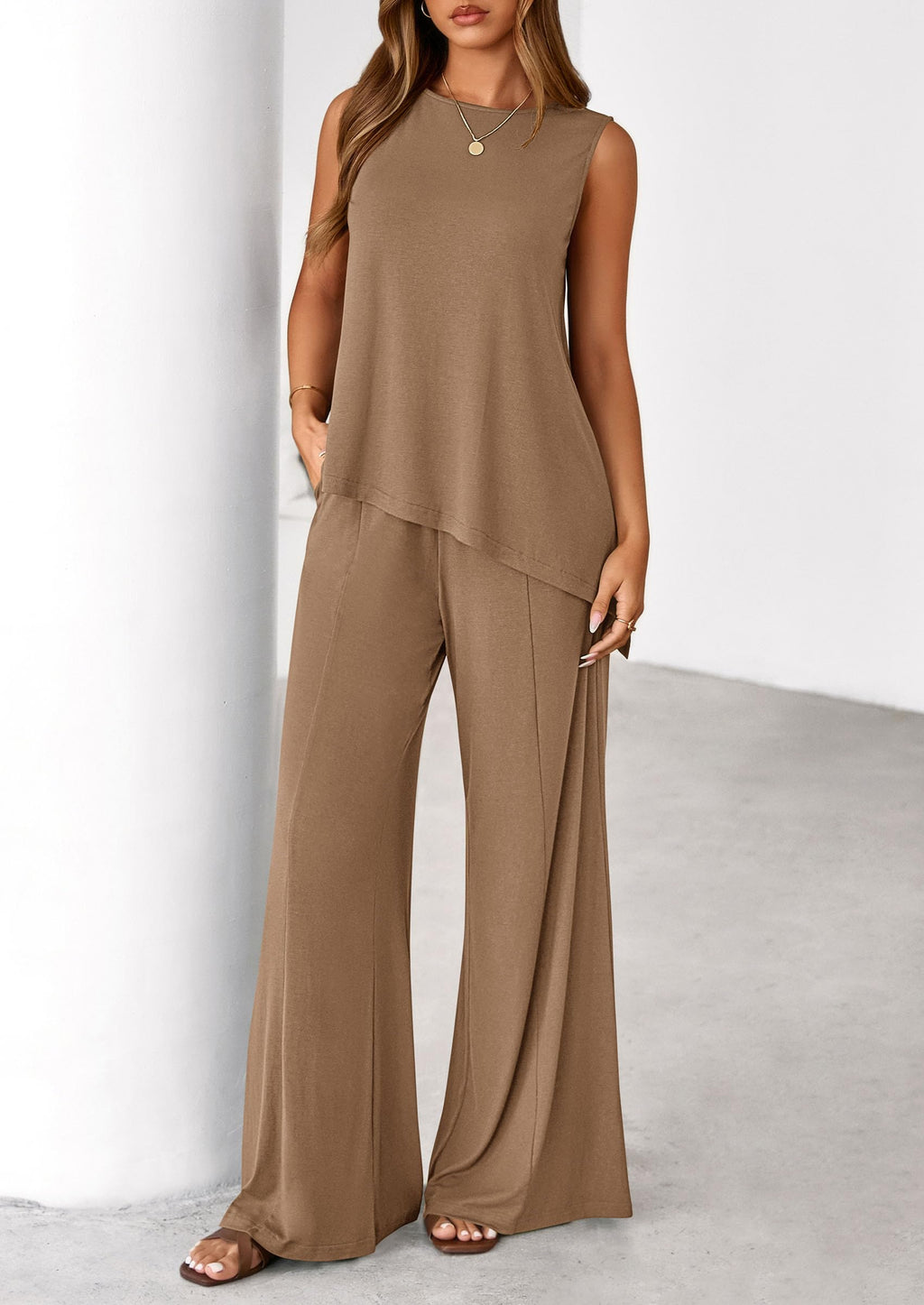 PRETTYGARDEN Women's 2026 Two Piece Matching Lounge Sets Asymmetrical Split Tank Tops Wide Leg Pants Summer Outfits Tracksuit