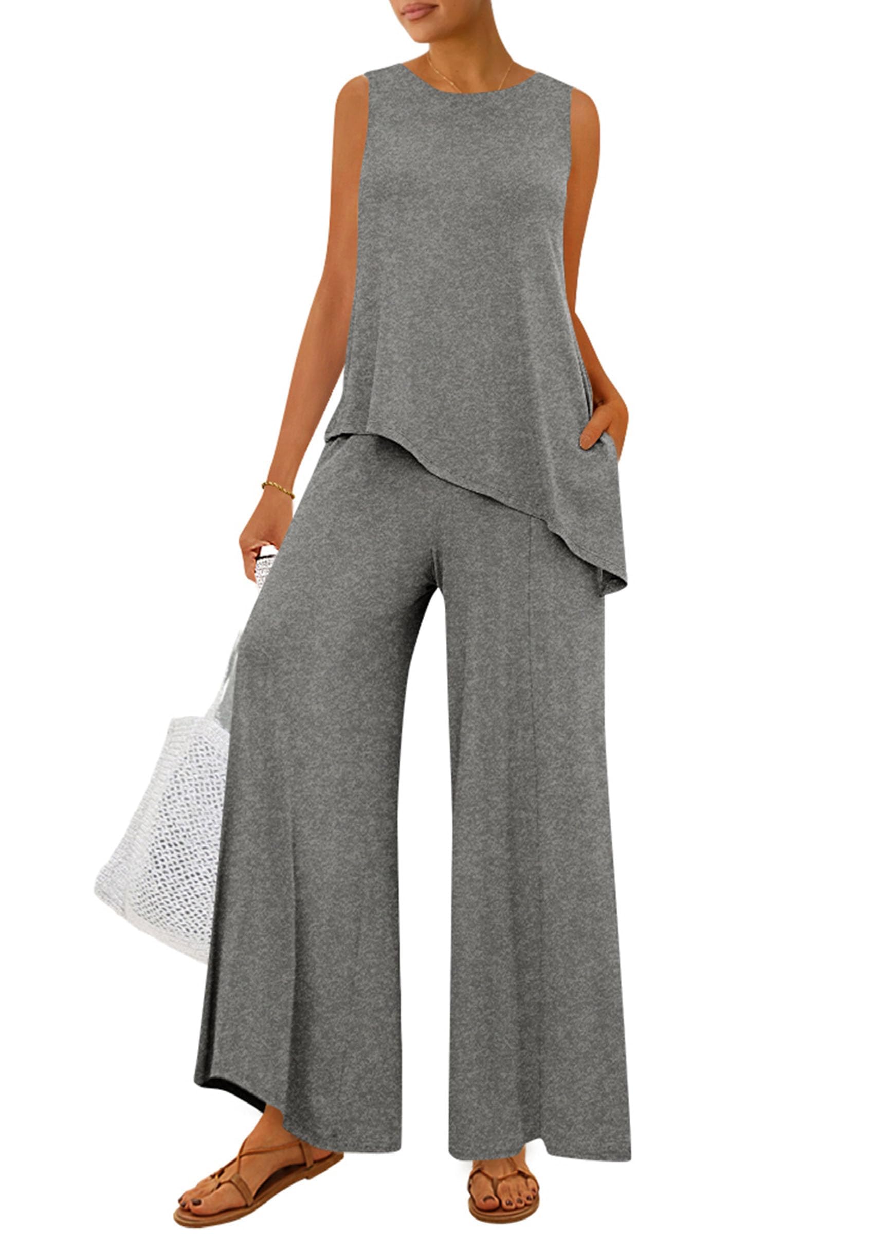 PRETTYGARDEN Women's 2026 Two Piece Matching Lounge Sets Asymmetrical Split Tank Tops Wide Leg Pants Summer Outfits Tracksuit