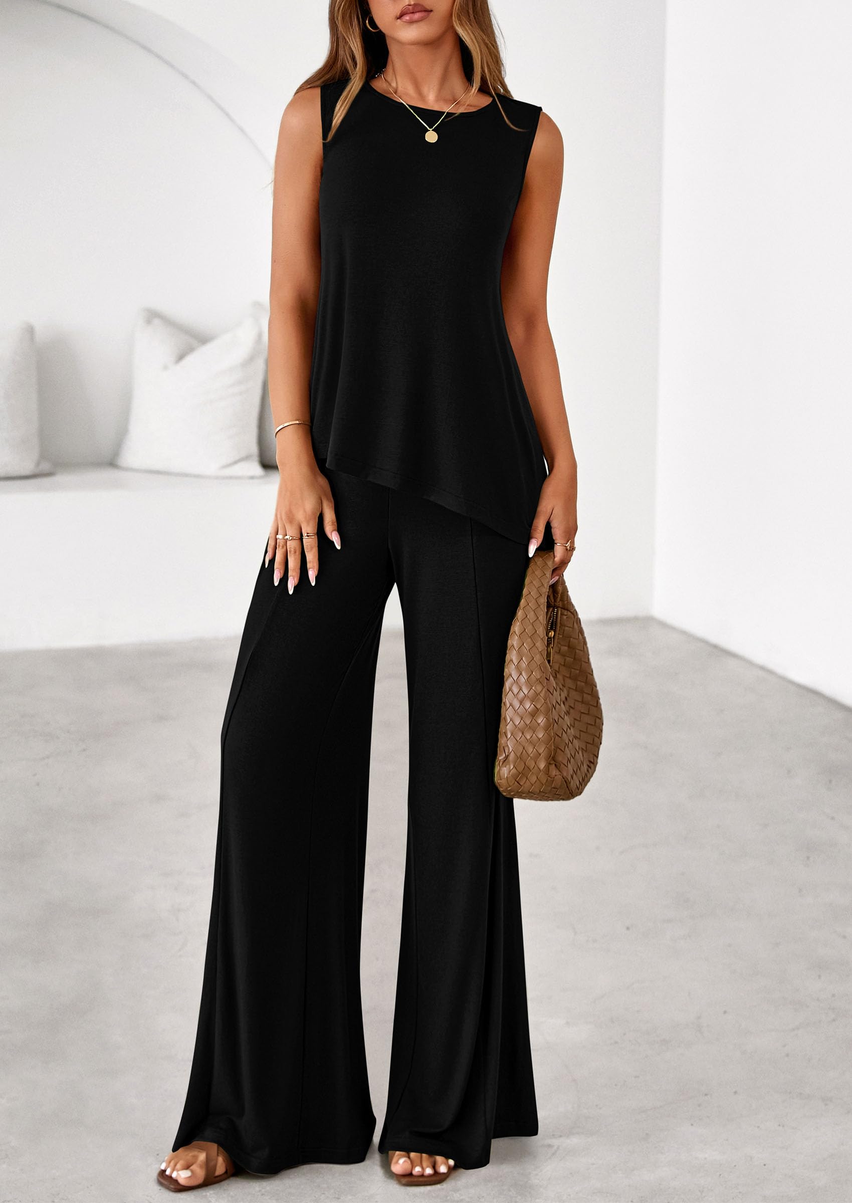 PRETTYGARDEN Women's 2026 Two Piece Matching Lounge Sets Asymmetrical Split Tank Tops Wide Leg Pants Summer Outfits Tracksuit