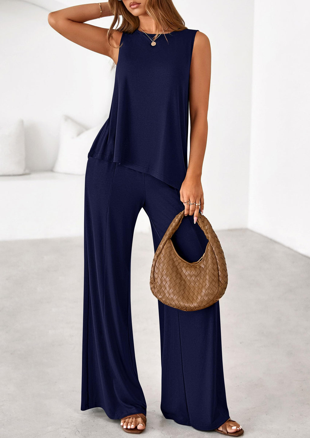 PRETTYGARDEN Women's 2026 Two Piece Matching Lounge Sets Asymmetrical Split Tank Tops Wide Leg Pants Summer Outfits Tracksuit