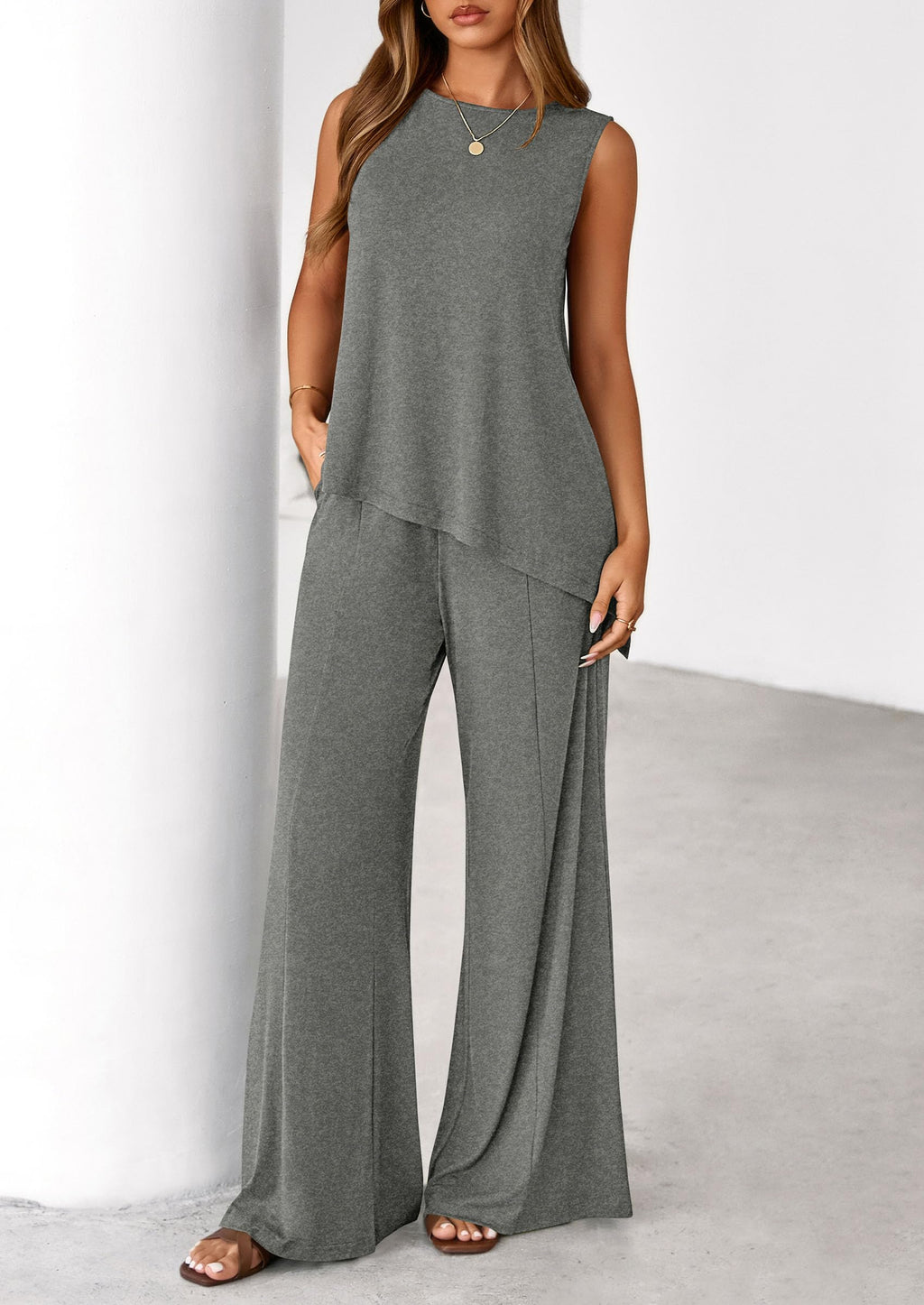 PRETTYGARDEN Women's 2026 Two Piece Matching Lounge Sets Asymmetrical Split Tank Tops Wide Leg Pants Summer Outfits Tracksuit